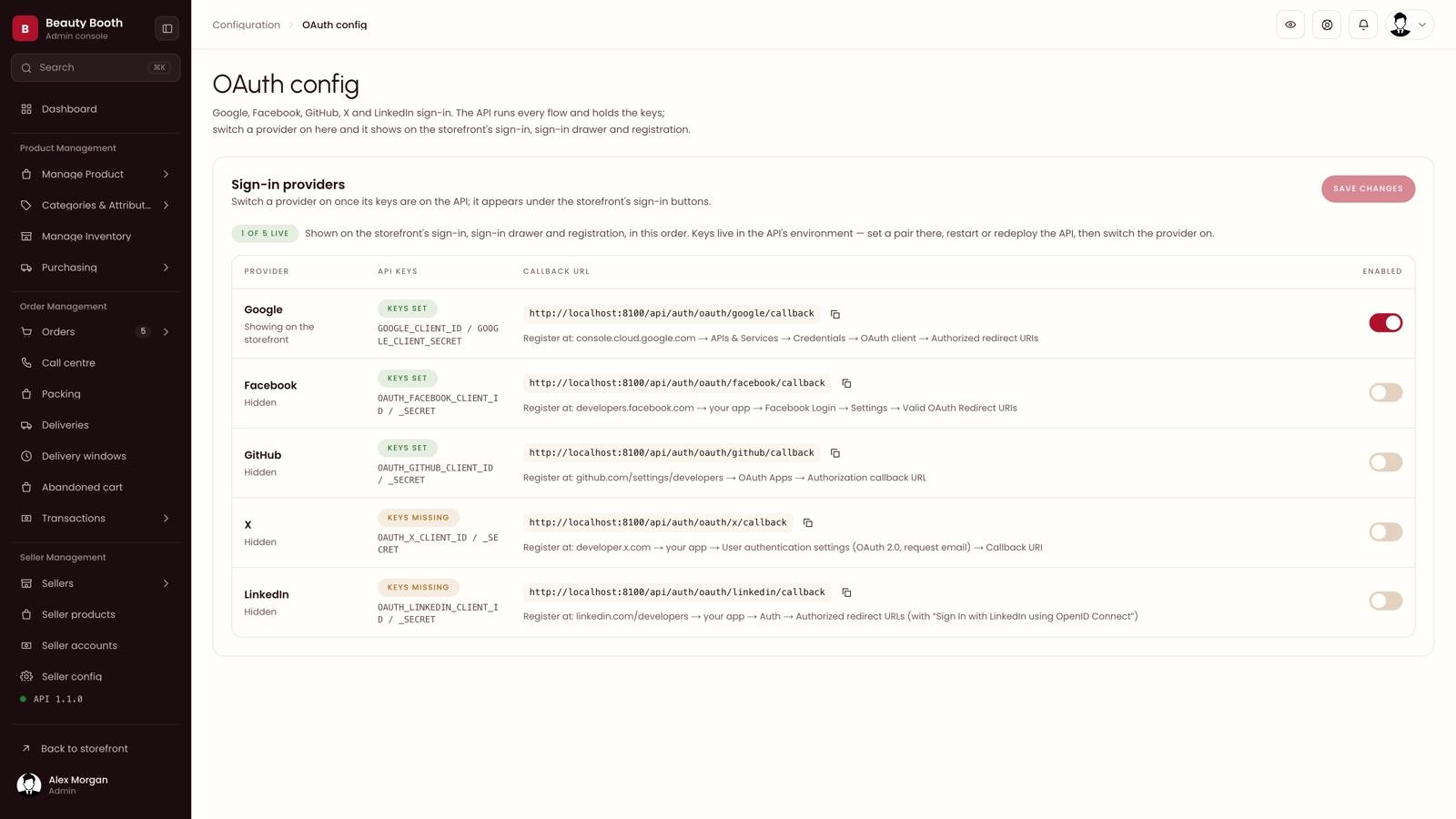 OAuth configuration screen